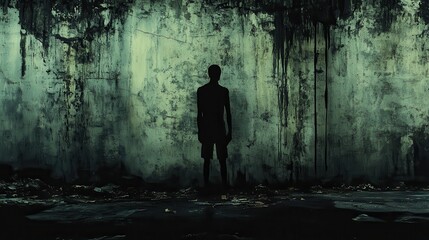 Sinister silhouettes loom on a shadowy backdrop, evoking a chilling ambiance ideal for a horror-themed design.