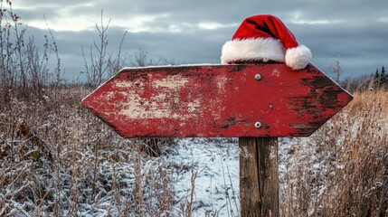 Red Wooden Arrow Signboard with Santa Hat