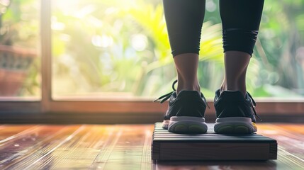 Person performing step exercise on wooden floor with focus on balance and movement, fitness and agility training concept.