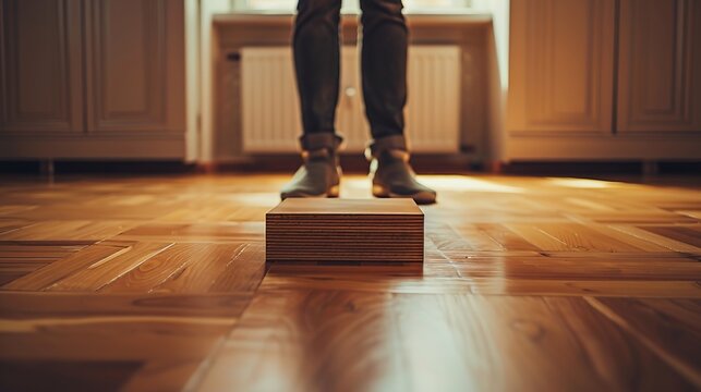 Person performing step exercise on wooden floor with focus on balance and movement, fitness and agility training concept.