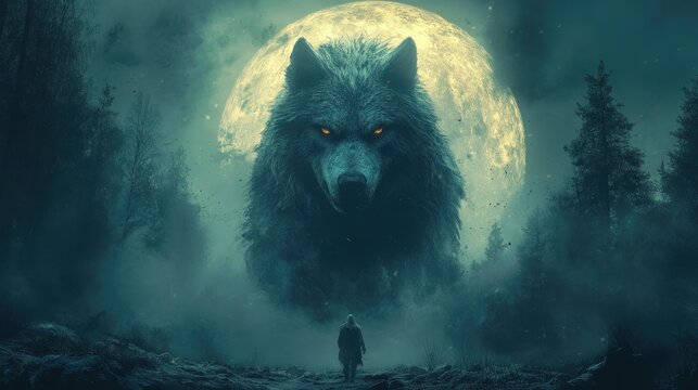 Lone figure faces immense wolf, moonlit forest.