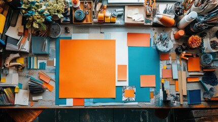 top down view of a layout of process of making paper collage poster on a table, creative process representation