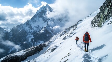 Hikers Ascending Snowy Mountain Peak on Sunny Day. AI Generated
