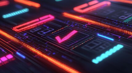 Fototapeta premium Futuristic Neon Circuit Board Design with Digital Elements and Lights