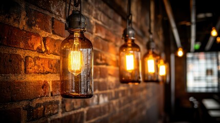 Vintage glass pendant lights illuminate a rustic brick wall, creating a warm, inviting atmosphere in an industrial-style space.