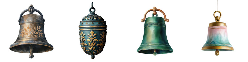Vintage Antique Decorative Metal Bells Hanging in Various Architectural Structures
