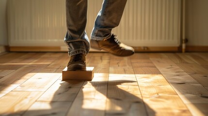 Person performing step exercise on wooden floor with focus on balance and movement, fitness and agility training concept.