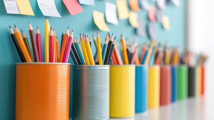 Fototapeta premium Colorful cans filled with various pencils are lined up against a blue wall adorned with sticky notes, creating a vibrant and organized workspace.