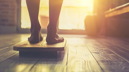 Person performing step exercise on wooden floor with focus on balance and movement, fitness and agility training concept.