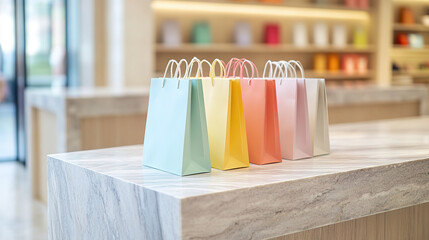 Shopping bags neatly arranged on a sleek counter, symbolizing the balance between consumerism and organization in modern retail environments.