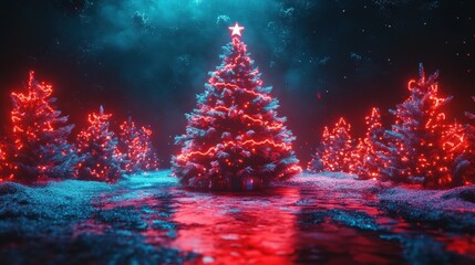Creative Christmas 3D Illustration futuristic concept of New Year's elements Christmas tree, decorations and Santa Claus on dark background with cyber neon red light.