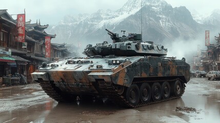 Camouflaged armored vehicle in muddy Asian town.