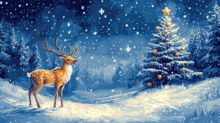 Serene Winter Holiday Art with Reindeer Christmas Tree and Baubles in Navy Blue on Sky Blue Background.