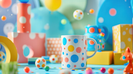 Kids' mug on a fun background, surrounded by colorful toys, perfect for children's branding