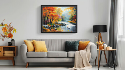 Large framed poster above a modern sofa, cozy atmosphere, perfect for contemporary home art displays