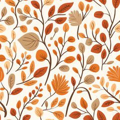 A seamless pattern featuring stylized leaves and branches in warm autumnal colors (orange, brown, beige) against a white background.