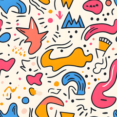 Fototapeta premium A playful and colorful abstract pattern featuring a variety of organic shapes and doodles in bright, bold colors (red, orange, yellow, blue, pink) on a light beige background.