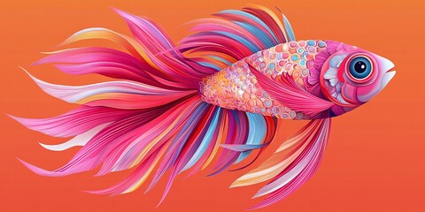 Fototapeta premium A vibrant, stylized fish illustration with colorful fins against a bright orange background.