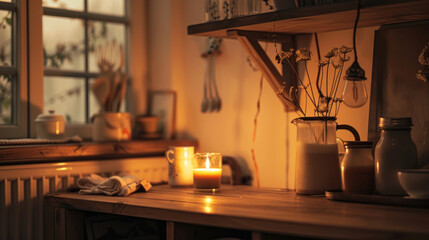 Lifestyle-themed poster mockup in a warm interior, surrounded by daily-use items, cozy lighting