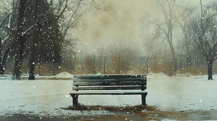 Obraz premium Light snow falling on an empty park bench, a quiet, serene scene capturing winter's beauty
