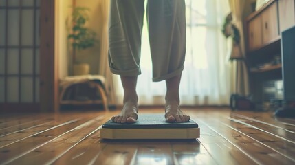 Person performing step exercise on wooden floor with focus on balance and movement, fitness and agility training concept.