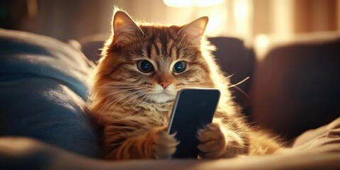 A modern cat enjoys its time with a smartphone.
