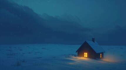 Fototapeta premium Lone cabin in a vast snowy field, soft glow from inside contrasting with the cold winter night