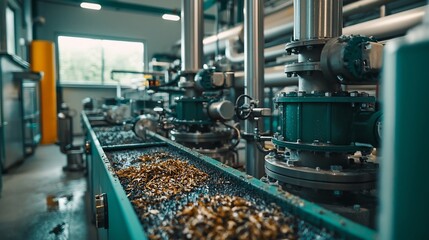 Fototapeta premium Detailed close up view showcasing the machinery and equipment inside a biogas plant facility highlighting the process of converting organic waste into clean renewable biogas energy