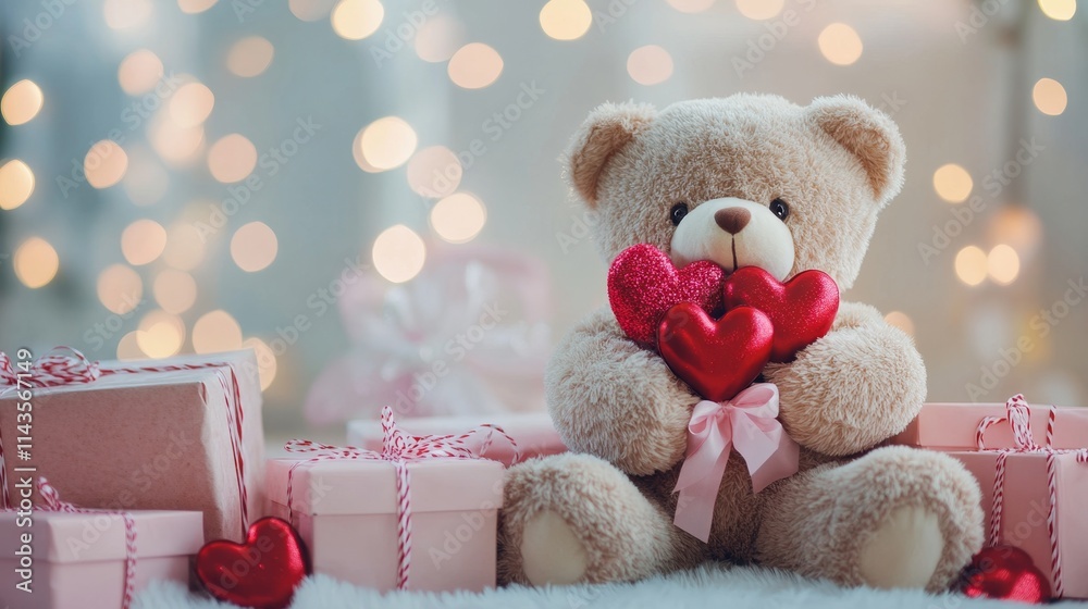 Wall mural Adorable teddy bear holding hearts surrounded by festive gifts