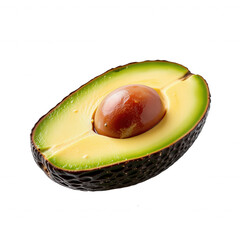 Juicy avocado halves on transparent background, set against sleek black backdrop, showcasing vibrant green and yellow hues with a hint of dark brown in the pit