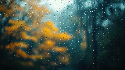 Obraz premium Rain drops on glass, autumn forest background.