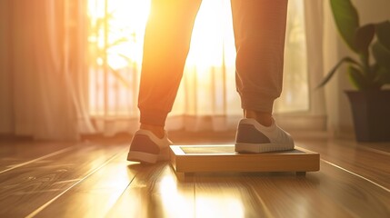 Person performing step exercise on wooden floor with focus on balance and movement, fitness and agility training concept.