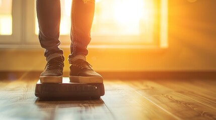 Person performing step exercise on wooden floor with focus on balance and movement, fitness and agility training concept.