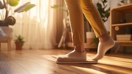 Person performing step exercise on wooden floor with focus on balance and movement, fitness and agility training concept.