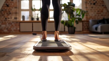 Person performing step exercise on wooden floor with focus on balance and movement, fitness and agility training concept.