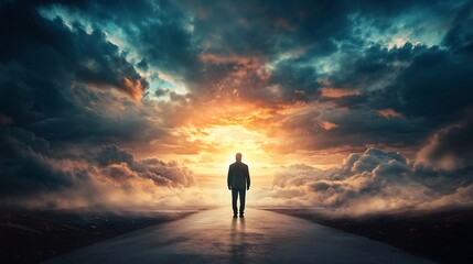 Fototapeta premium A lone figure standing at the edge of a vast and breathtaking landscape gazing out towards a glowing sunrise on the distant horizon symbolizing hope new journeys and the start of something new