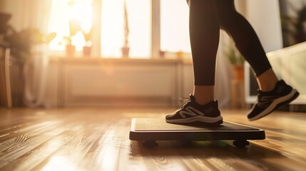 Person performing step exercise on wooden floor with focus on balance and movement, fitness and agility training concept.