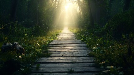 Enchanted pathway of luminous light guiding the way through a lush verdant forest leading toward a bright promising and unknown future filled with possibilities and growth  This symbolic