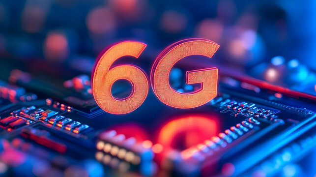 6G technology concept; wooden numbers on circuit board.