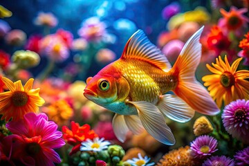 Macro Underwater Goldfish Photography: Vibrant Fish & Colorful Flowers