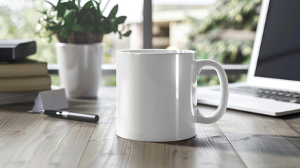 Mug with personalized text on a clean desk, laptop in the background, perfect for business themes