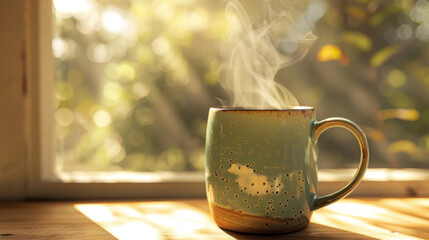 Mug with visible steam rising, soft light and blurred background, creating a cozy and inviting mood