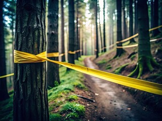 Fototapeta premium Minimalist Crime Scene Woods: Police Tape, Forest Investigation, Mystery Scene