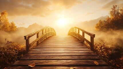Obraz premium A bright golden bridge appearing in the middle of a misty uncertain landscape representing support guidance and encouragement to move forward and navigate the journey ahead