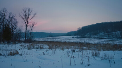 Open snowy field at twilight, soft fading light on the horizon, peaceful and atmospheric