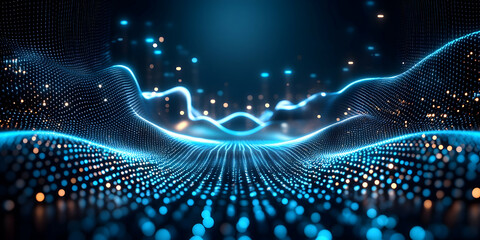 Abstract blue glowing digital wave particles background.