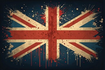 A grunge-style image of the Union Jack with paint splatters, showcasing a distressed and artistic interpretation of the British flag.
