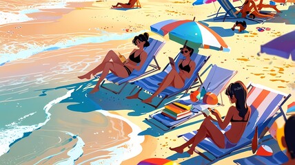 summer beach and waves with sunbathers