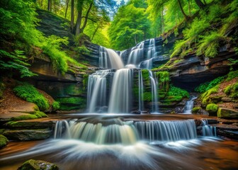 Obraz premium Capture Pennsylvania's majestic Ricketts Glen waterfalls: scenic hikes, lush foliage, breathtaking nature photography awaits.