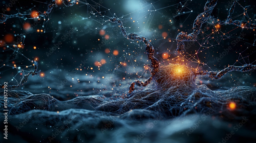 Poster Deep learning concept visualized in abstract neural network landscape sci-fi environment digital art macro viewpoint